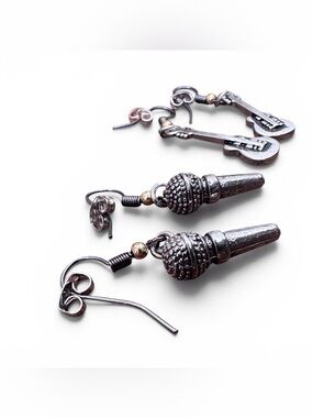 Nickel Free Set Sterling-Style Silver Microphone and Guitar Drop Earrings